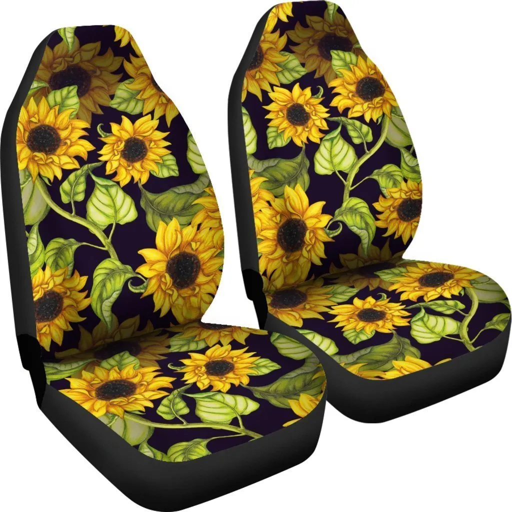 Sunflower Full Printed on Front Car Seat Protectors, Hand Drawn Sunflower Pattern Print Universal Fit Car Seat Covers